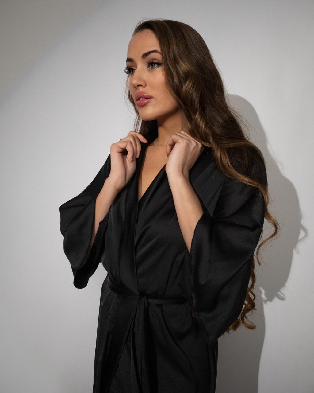 Халат жіночий довгий шовковий 2XL Чорний - фото 6 Халат жіночий довгий шовковий 2XL Чорний - фото 6