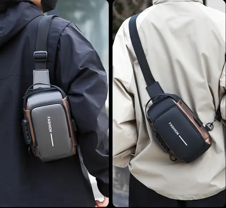 Сумка нагрудна чоловіча водонепроникна USB Чорний з коричневим (29697215) - фото 9 Сумка нагрудна чоловіча водонепроникна USB Чорний з коричневим (29697215) - фото 9