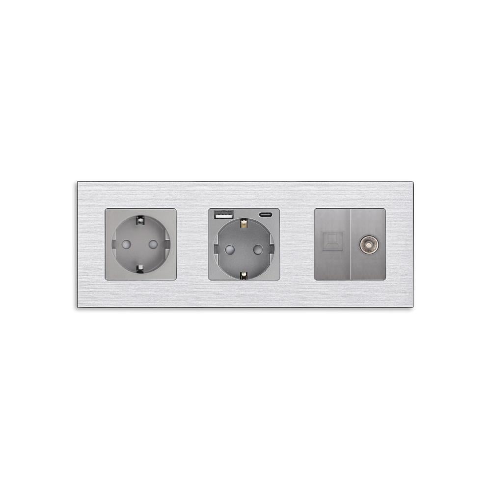 Розетка WALLPAD с USB 20Вт интернет RJ-45/ТВ выходом заземления шторки 250В 16А алюминиевая рамка Серый (WP-M3FGACCAT6PTY-GY)