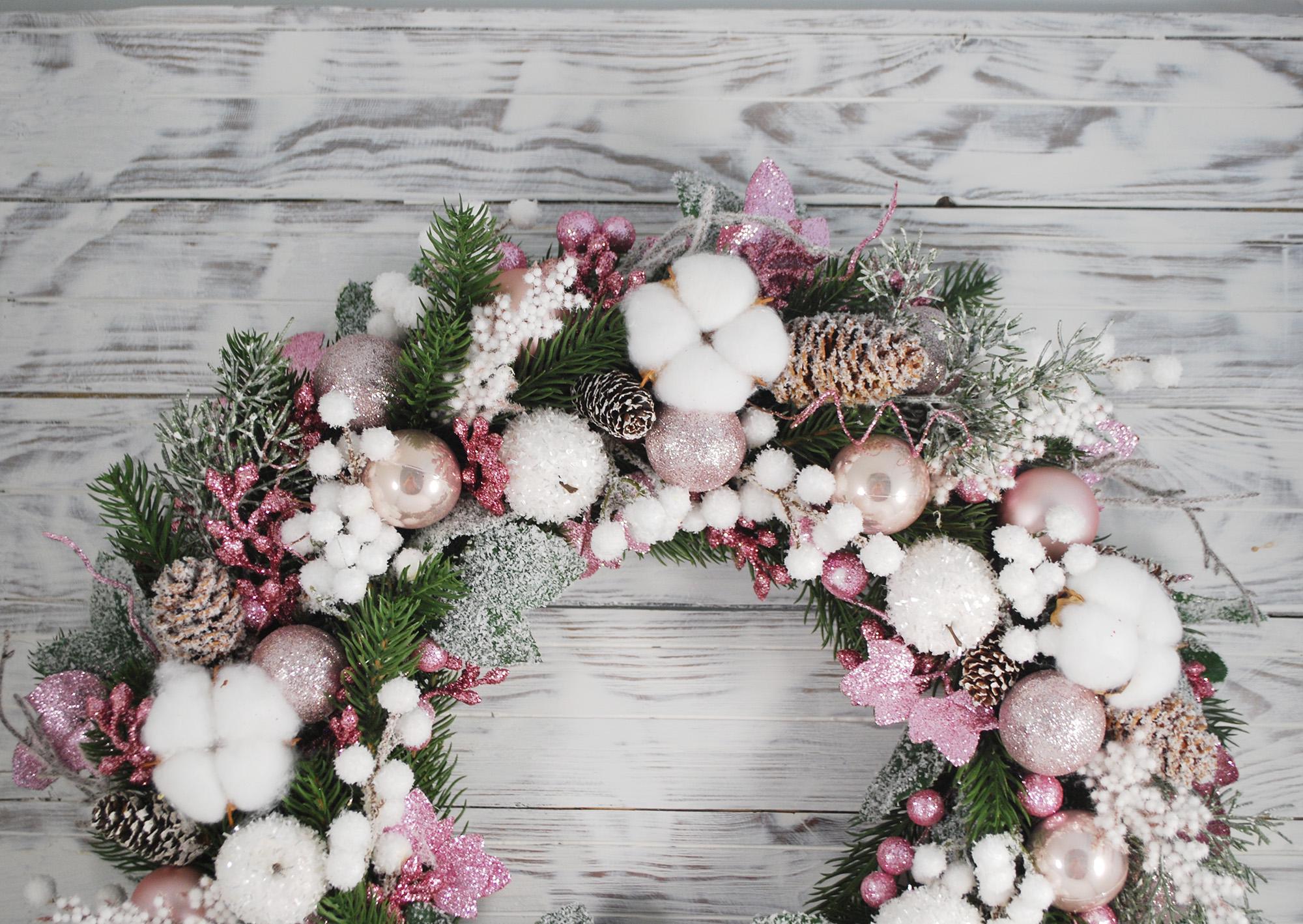 Венок новогодний 43 см Розовый/Белый (4780200) - фото 4 Венок новогодний 43 см Розовый/Белый (4780200) - фото 4