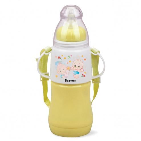 Пляшка дитяча для годування Fissman 11x8x22 см /230 мл з ручками із пластику Жовтий (7957)