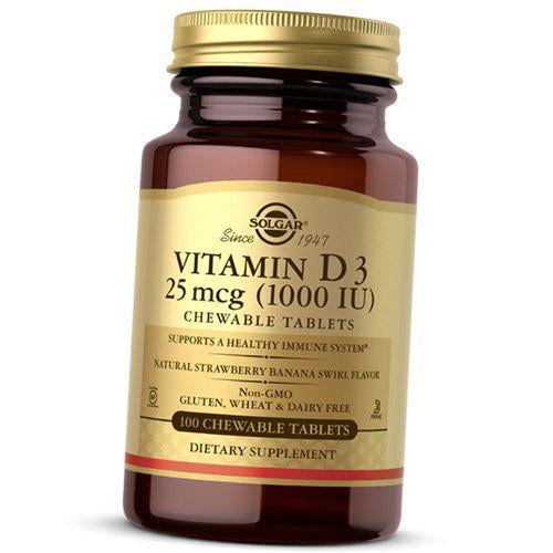 Витамины Solgar Vitamin D3 1000 МЕ жевательный Клубника-банан 100 табл. (36313209)