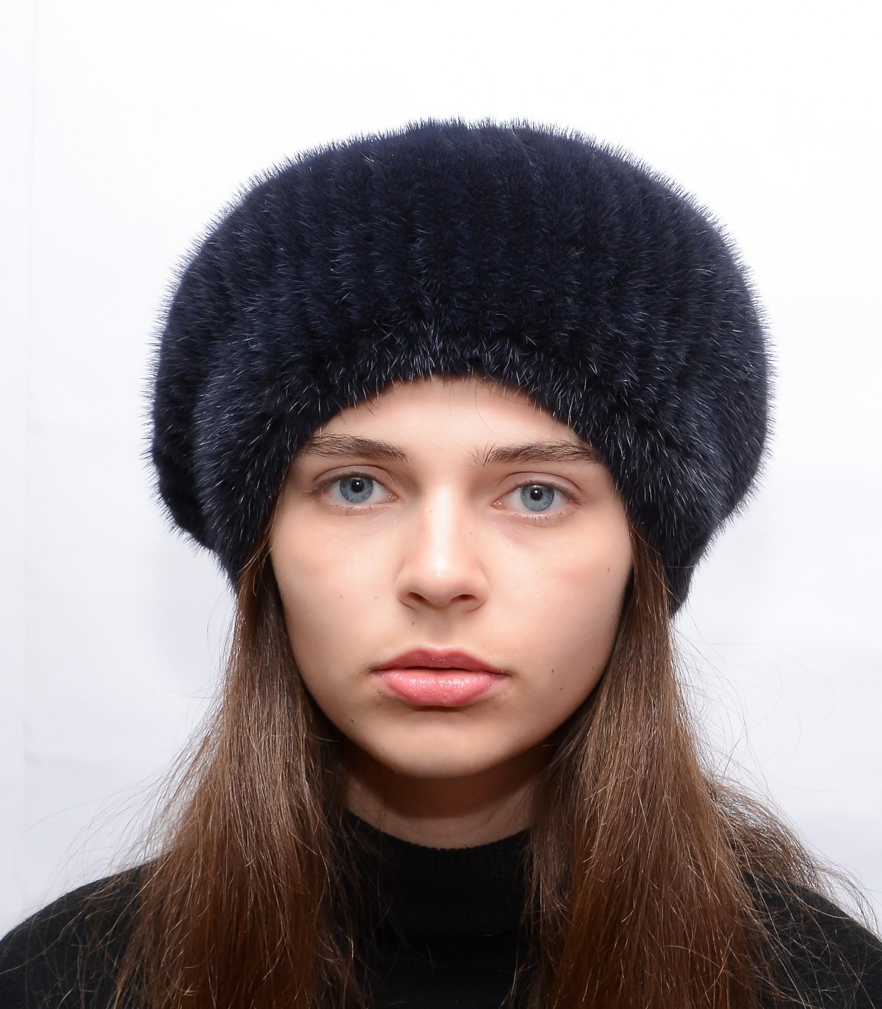 Зимний берет из меха норки Меховой стиль Шарик XL-XXL Баклажан (110/В)