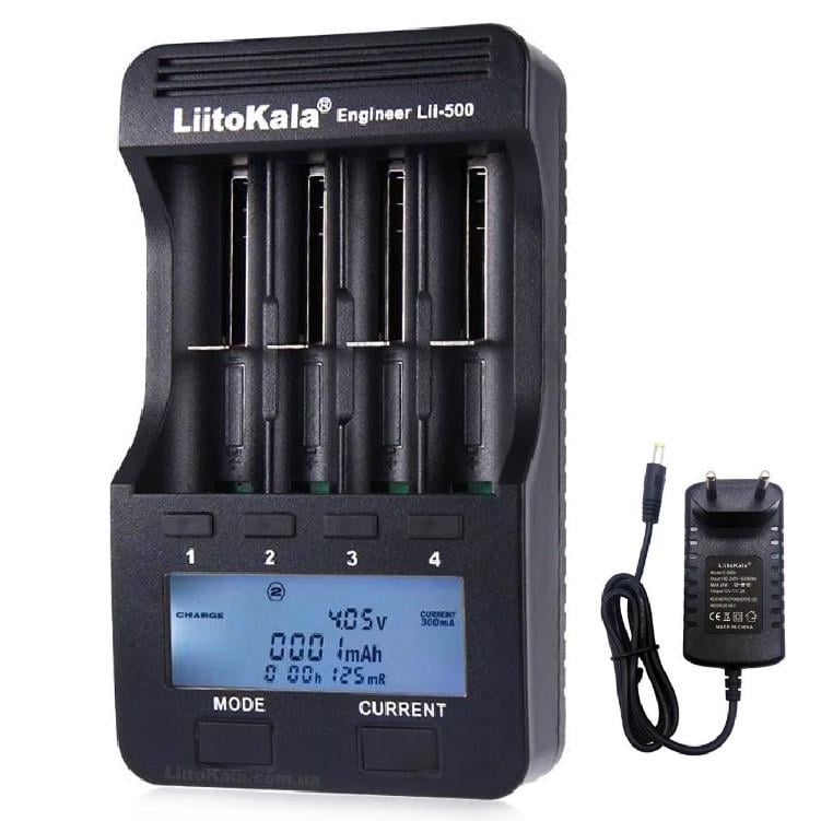 Зарядное устройство универсальное LiitoKala Lii-500 на 4 слота с LCD-дисплеем и блоком питания для аккумуляторных батарей 18650/26650/АА/ААА (001188)