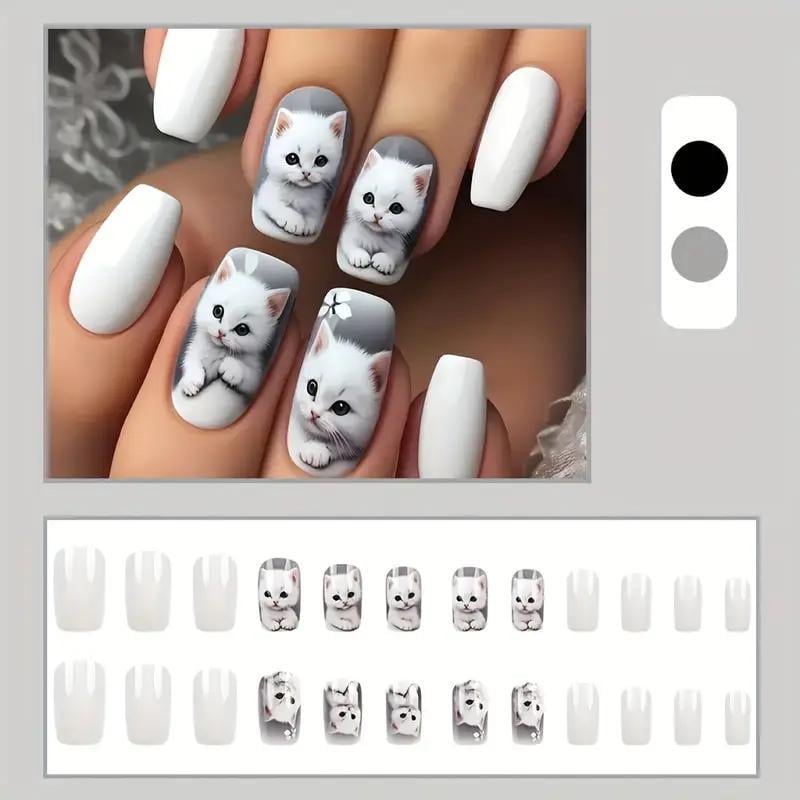 Набір накладних нігтів з дизайном Котики з клейовими пластинами 24 шт. Білий із сірим (2743174640) - фото 3