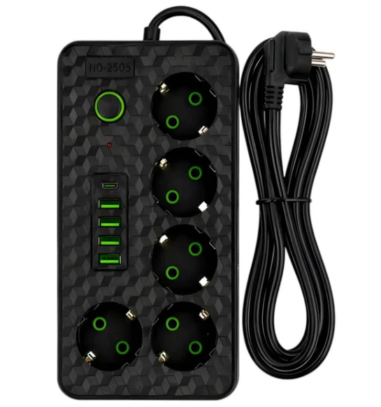 Сетевой фильтр на 5 розеток 4хUSB+Type-C 3 м Черный (HG-2505)