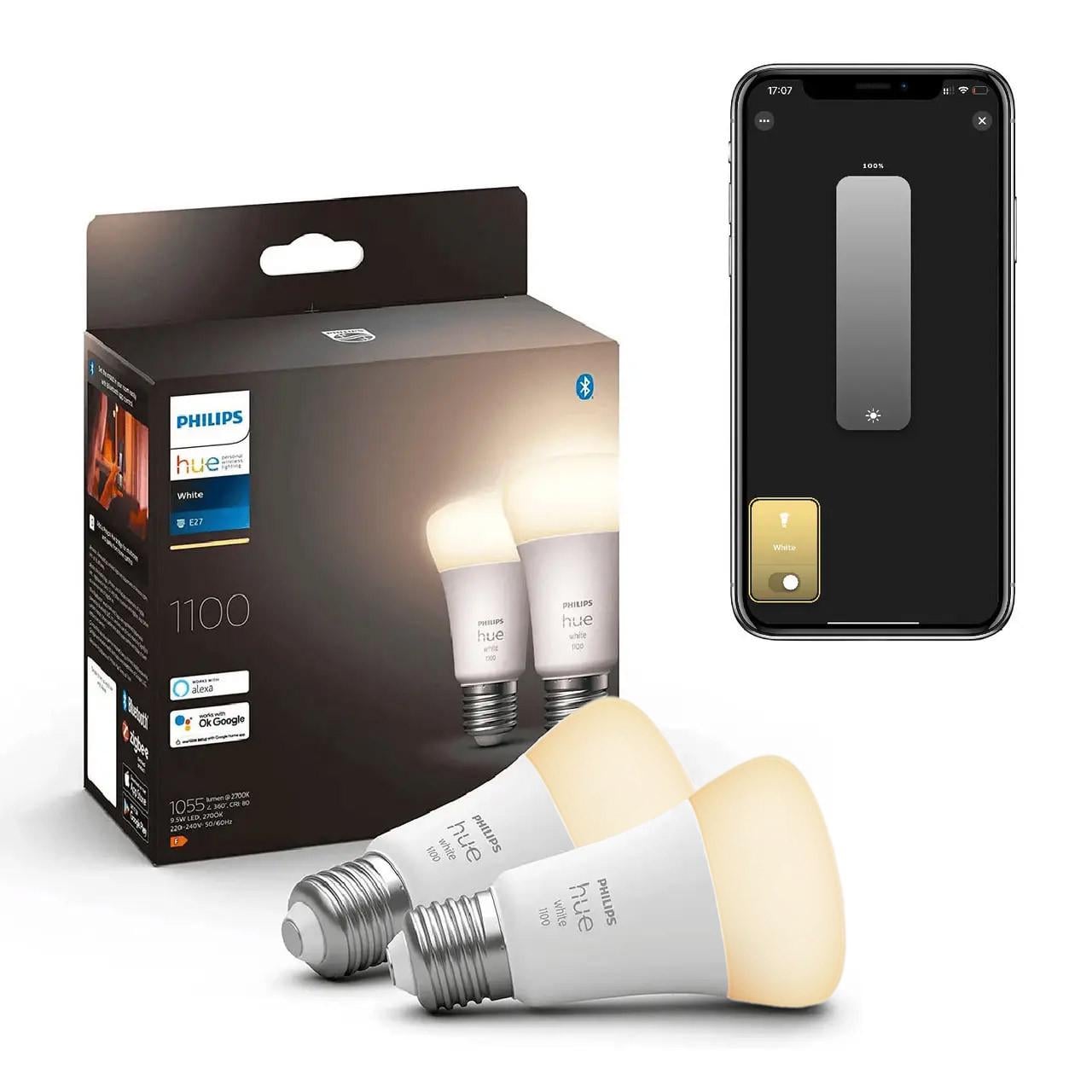 Умные LED лампочки Philips Hue E27 White 1100лм 75Вт 9.5W, ZigBee, Bluetooth, Apple HomeKit, 2шт. Умные LED лампочки Philips Hue E27 White 1100лм 75Вт 9.5W, ZigBee, Bluetooth, Apple HomeKit, 2шт.