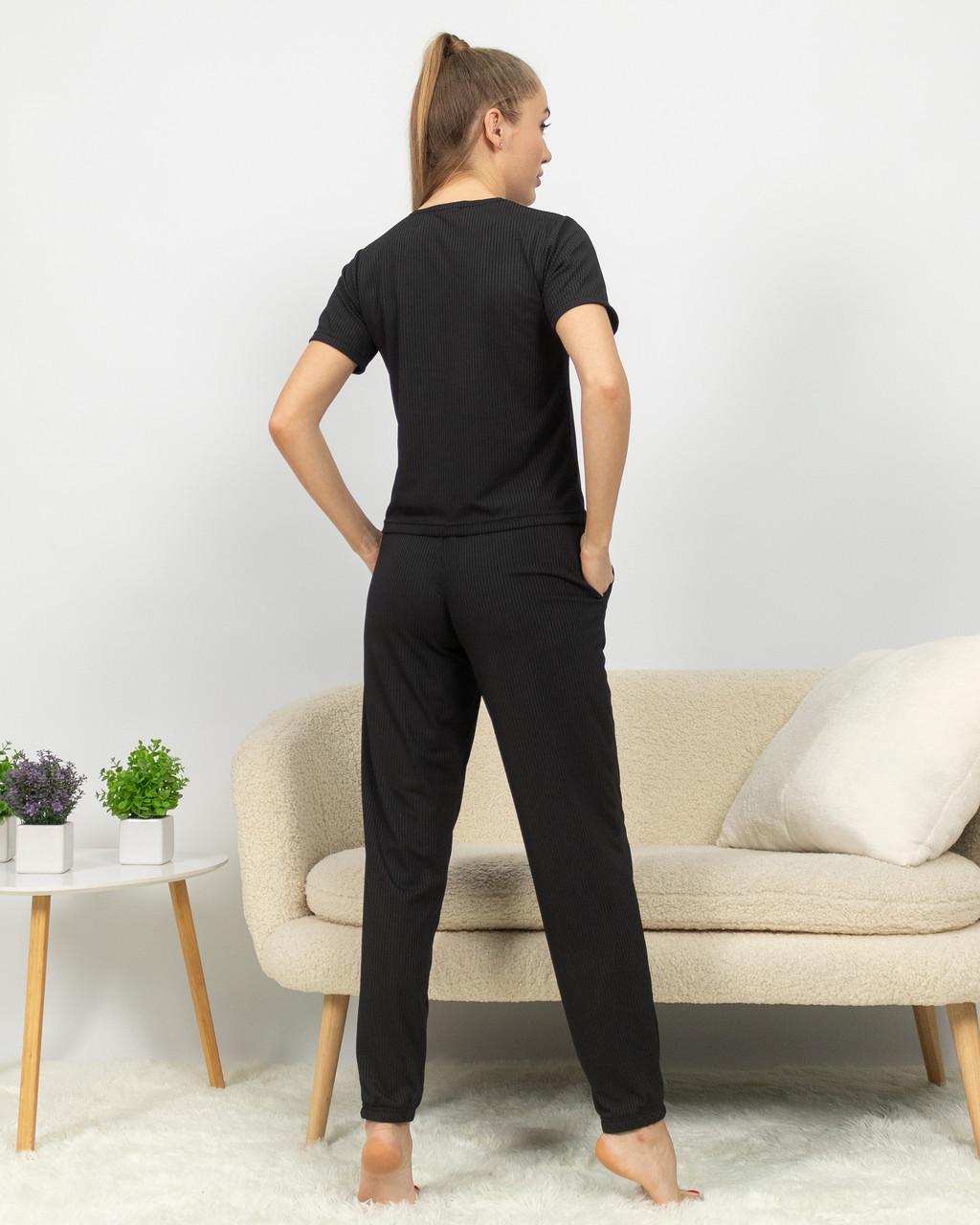 Піжама жіноча з рубчику футболка і штани Чорний (2188007696) - фото 3 Піжама жіноча з рубчику футболка і штани Чорний (2188007696) - фото 3