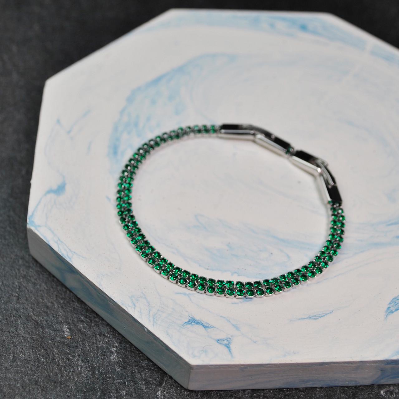 Браслет доріжка кристальна подвійна медична сталь родій Зелений (x203-1) - фото 3