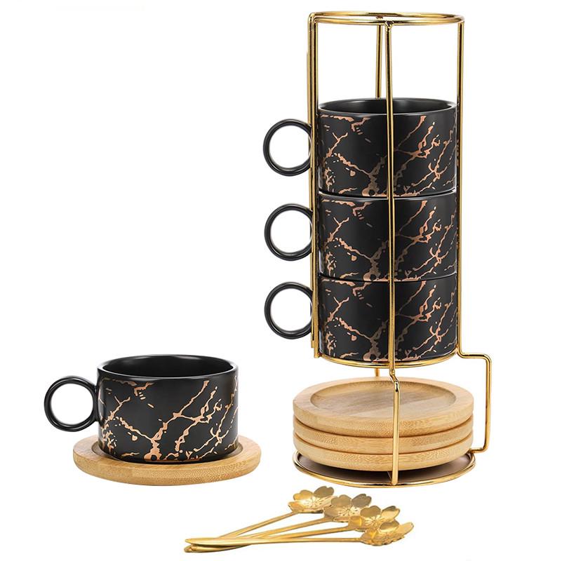 Набор чашек Lesko Мраморная роскошь с бамбуковым блюдцем/подставкой/ложкой 4 шт. Black (24366692) - фото 1 Набор чашек Lesko Мраморная роскошь с бамбуковым блюдцем/подставкой/ложкой 4 шт. Black (24366692) - фото 1