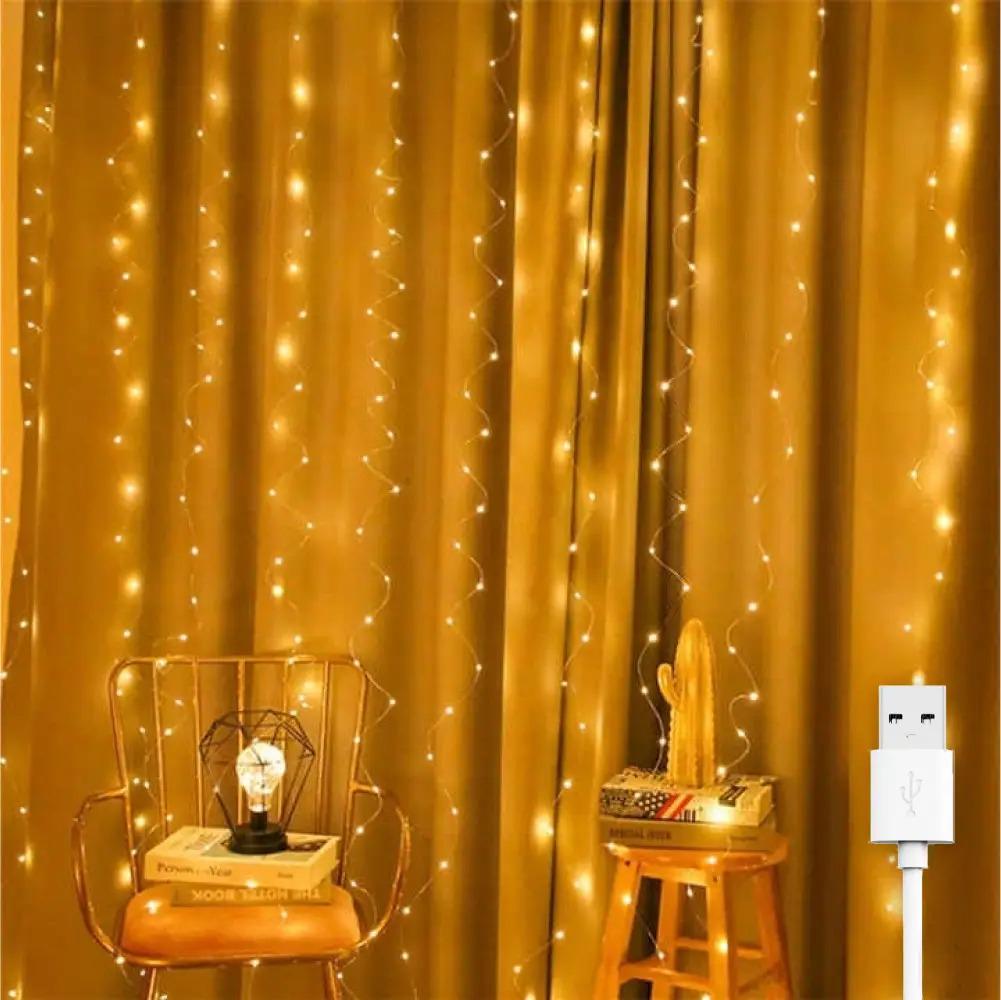 Гирлянда штора Роса 8 режимов 8 нитей 2x2 м 160 LED от USB Теплый белый