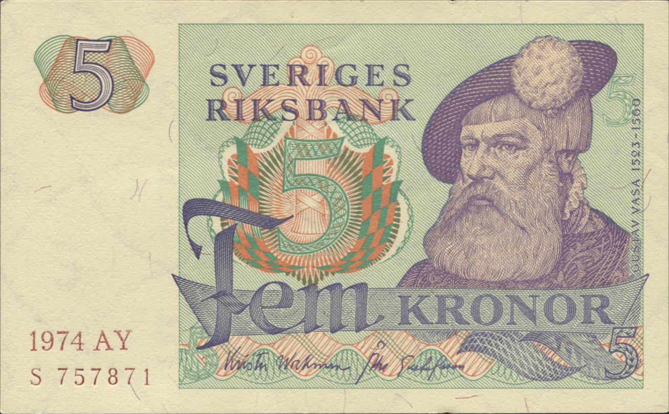Коллекционная банкнота Швеция 1974 5 крон P51c аUNC