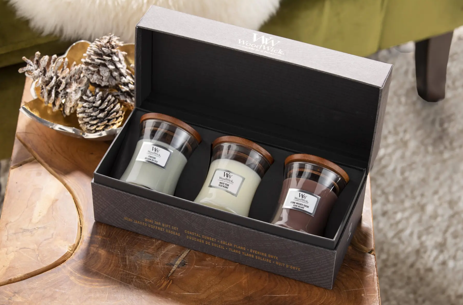 Набор свечей Woodwick Mini Fireside/Stone washed suede/White teak (13401776)