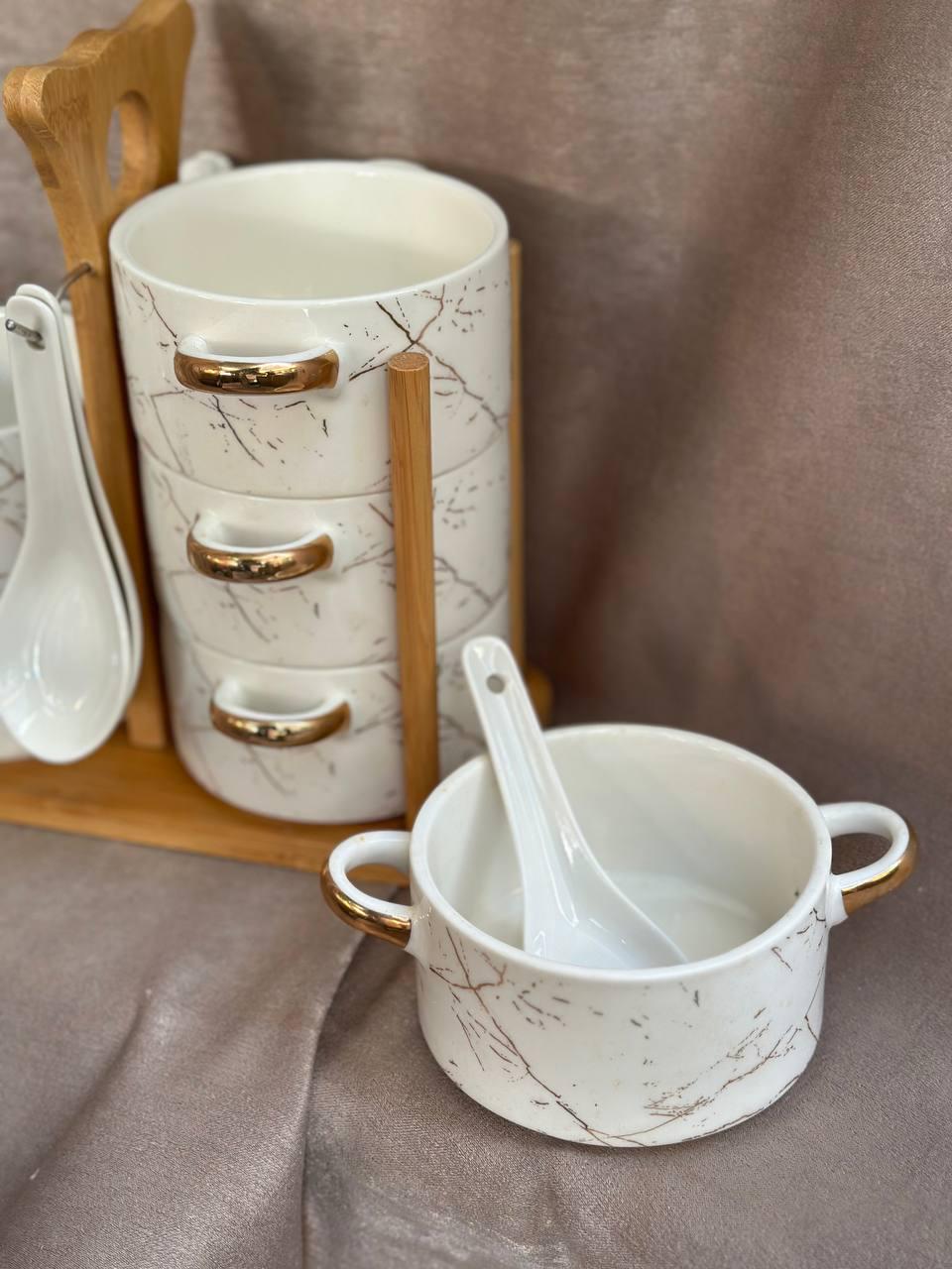 Набір бульйонниць Yiwu HP1229 керамічних з ложками для супу на підставці 12 пр. Білий (21265384) - фото 2