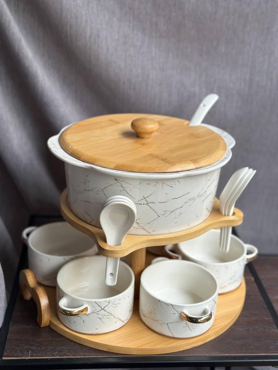 Сервіз суповий YiWu HP1218 кераміка на бамбуковій підставці 6 персон Білий - фото 2 Сервіз суповий YiWu HP1218 кераміка на бамбуковій підставці 6 персон Білий - фото 2