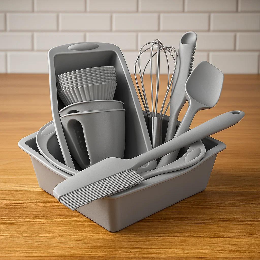 Комплект кухонного приладдя форми силіконові для випічки 22 штук із прихватками Сірий