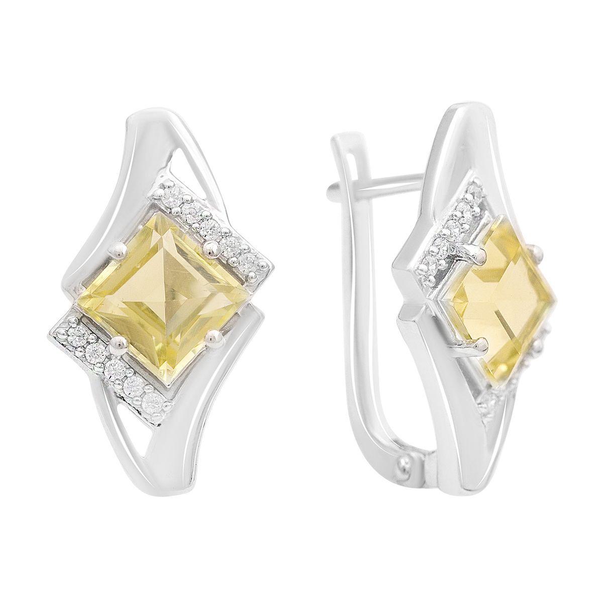 Сережки срібні з квадратною вставкою зеленого кварцу та фіанітами геометричної форма Сережки срібні з квадратною вставкою зеленого кварцу та фіанітами геометричної форма