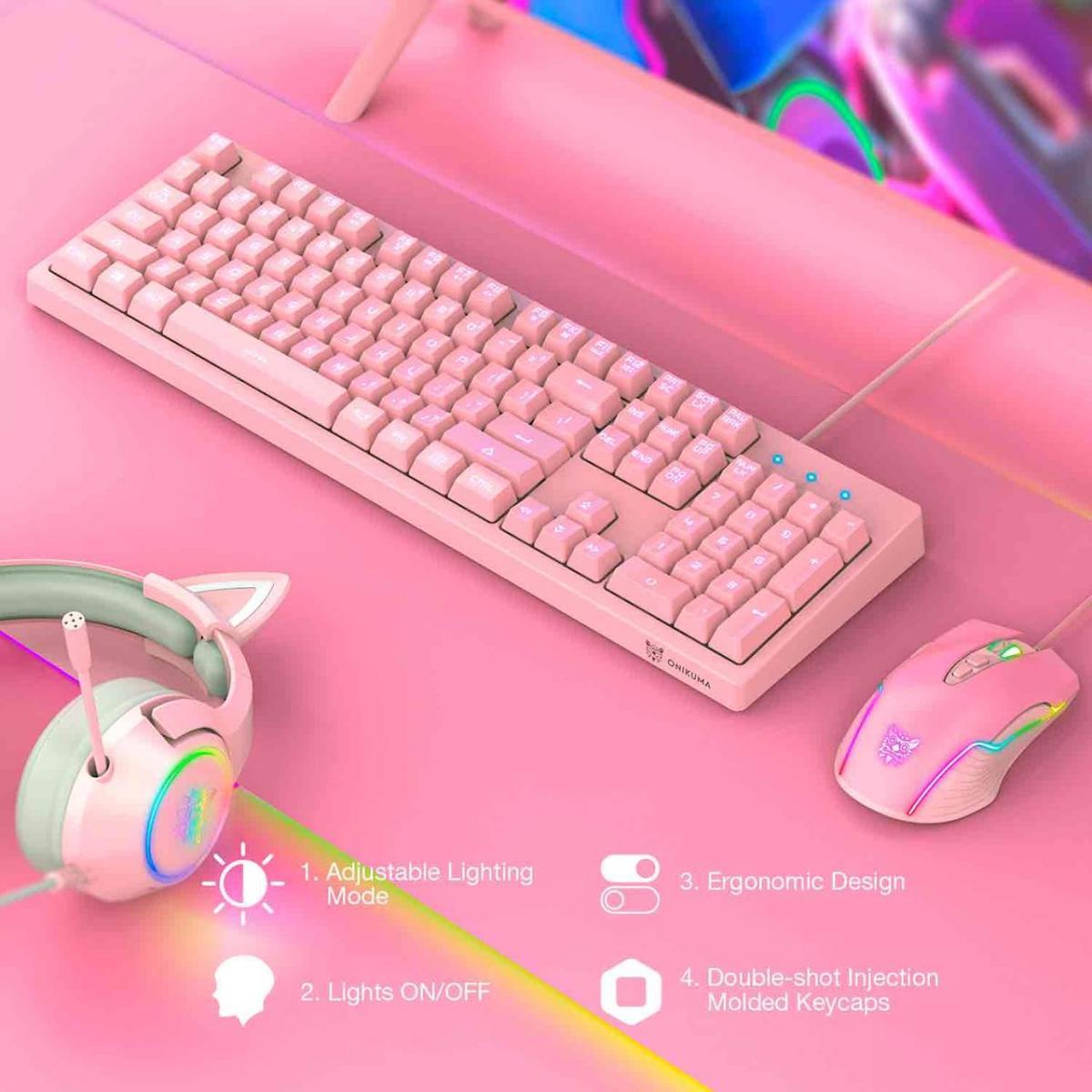 Комплект проводная игровая клавиатура и мышь ONIKUMA G25 CW905, Pink (019277) - фото 4