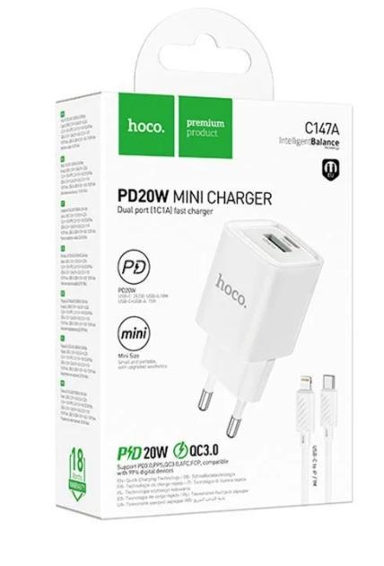 Зарядное устройство Hoco C147A 1USB-C/1USB PD/QC 20W+Type-C to Lightning Зарядное устройство Hoco C147A 1USB-C/1USB PD/QC 20W+Type-C to Lightning