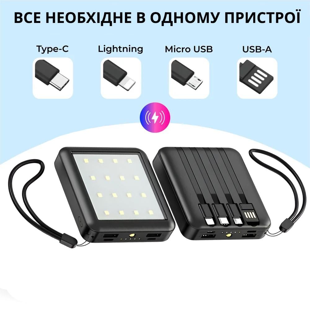 Акумулятор портативний 5000 mAh Power Bank на 2 USB виходи та 4 вбудовані кабелі Чорний - фото 3