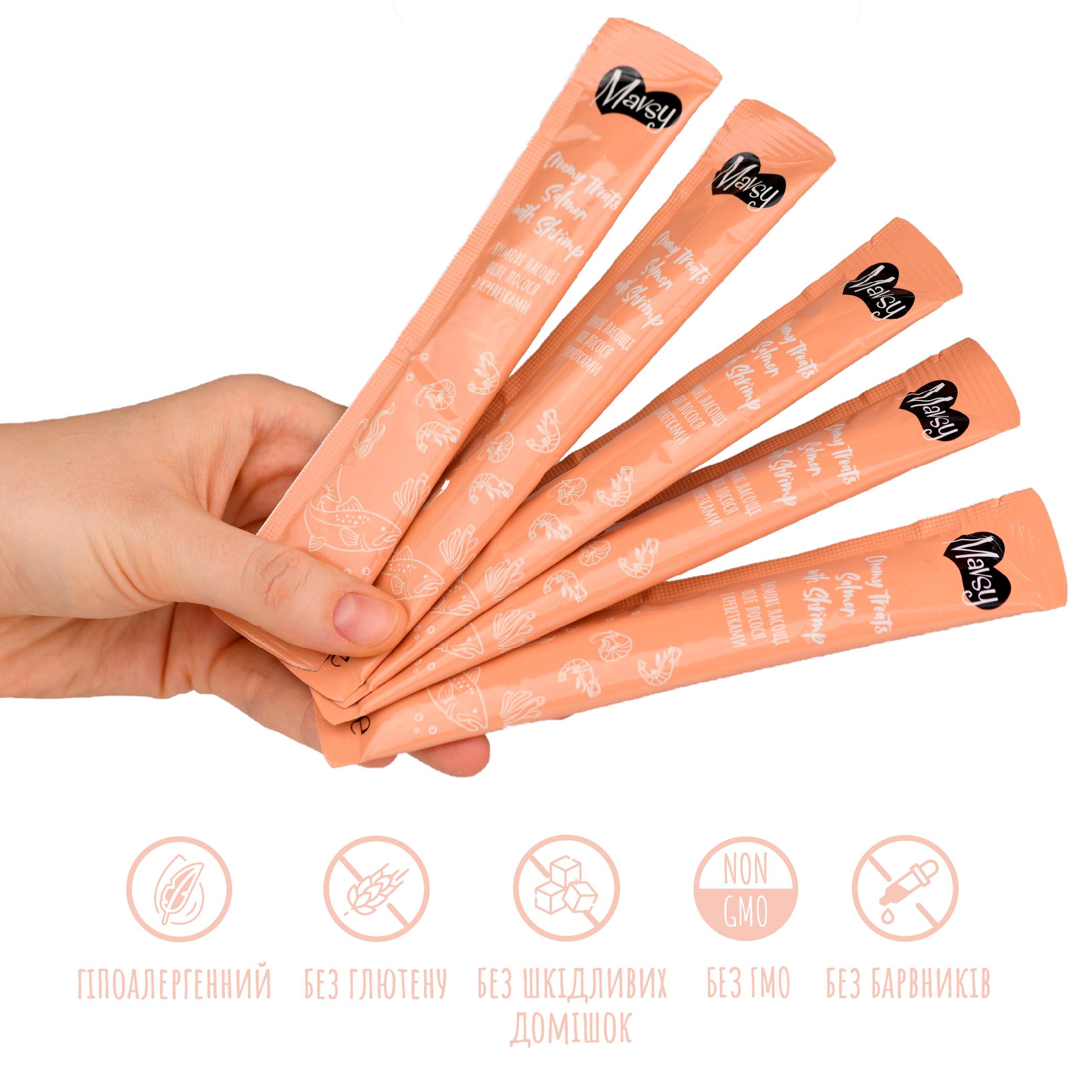 Ласощі для котів MAVSY Creamy lickable treats salmon with shrimp for cats Лосось з креветками 5 шт. 15 г (13501968) - фото 3 Ласощі для котів MAVSY Creamy lickable treats salmon with shrimp for cats Лосось з креветками 5 шт. 15 г (13501968) - фото 3