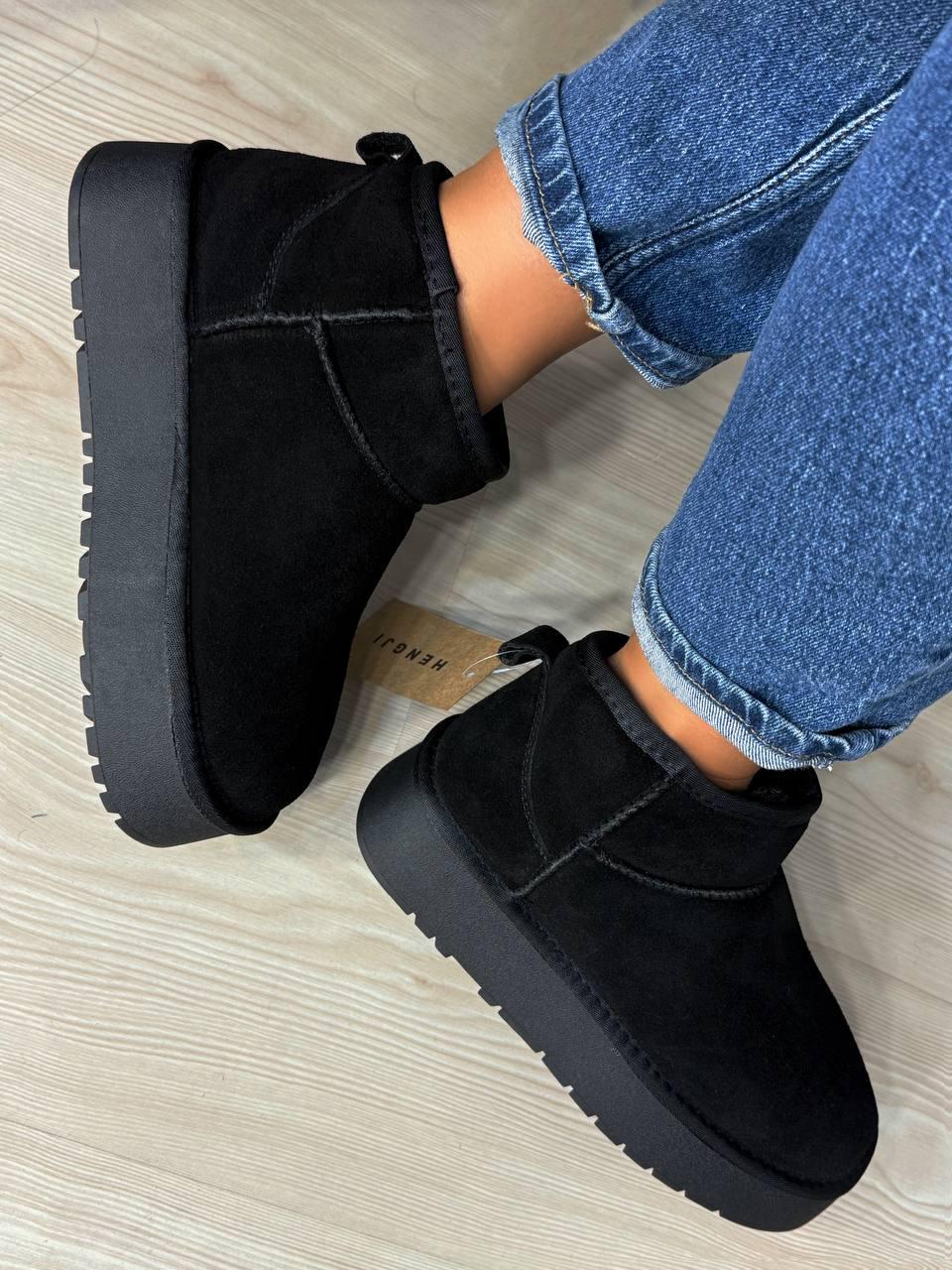 Угги женские Hengji 25-1 натуральная замша короткие на высокой подошве р. 37 Черный (5101) - фото 4