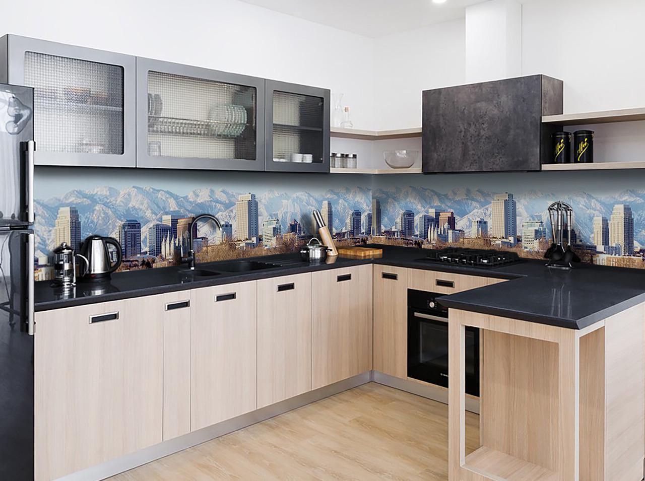 Кухонный фартук Город/горы из самоклеющейся виниловой пленки 60х250 см Голубой