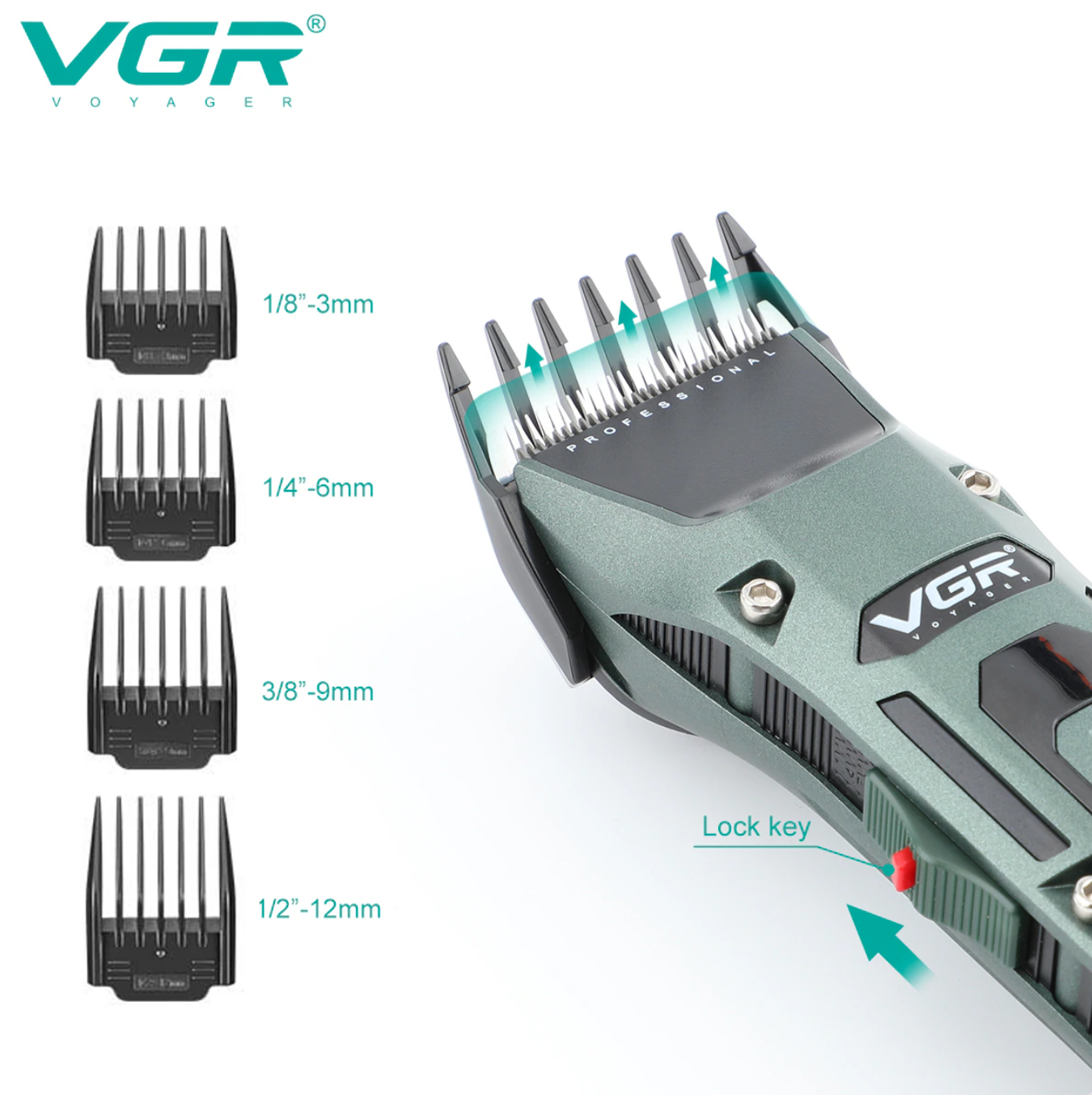 Машинка для стрижки VGR V-696 з LED дисплеєм та турбо режимом Зелений з чорним (11694483) - фото 3