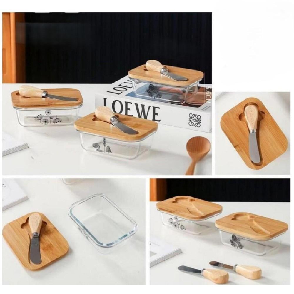 Масленка из стекла с ножом и бамбуковой крышкой 13,5х13,5х6 см (R34372) - фото 2 Масленка из стекла с ножом и бамбуковой крышкой 13,5х13,5х6 см (R34372) - фото 2