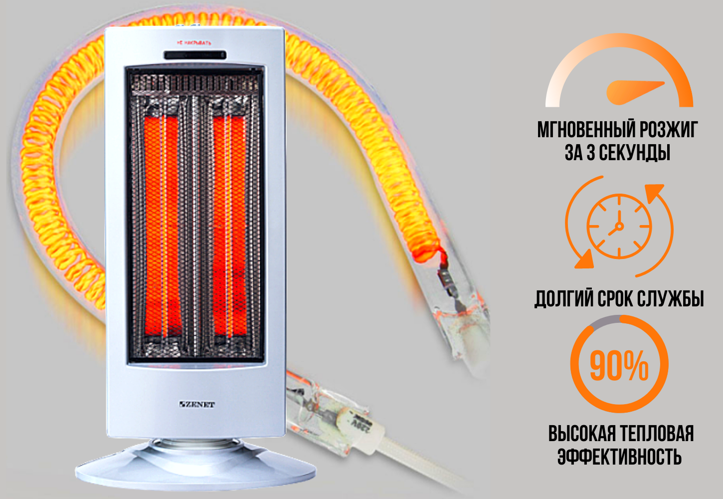 Инфракрасный обогреватель Zenet ZET-501 карбоновый 900 Вт до 30 кв.м Серый - фото 2