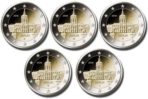 Коллекционные монеты Германия 5 шт. по 2 евро 2018 A/D/F/G/J Берлин UNC (М08433)