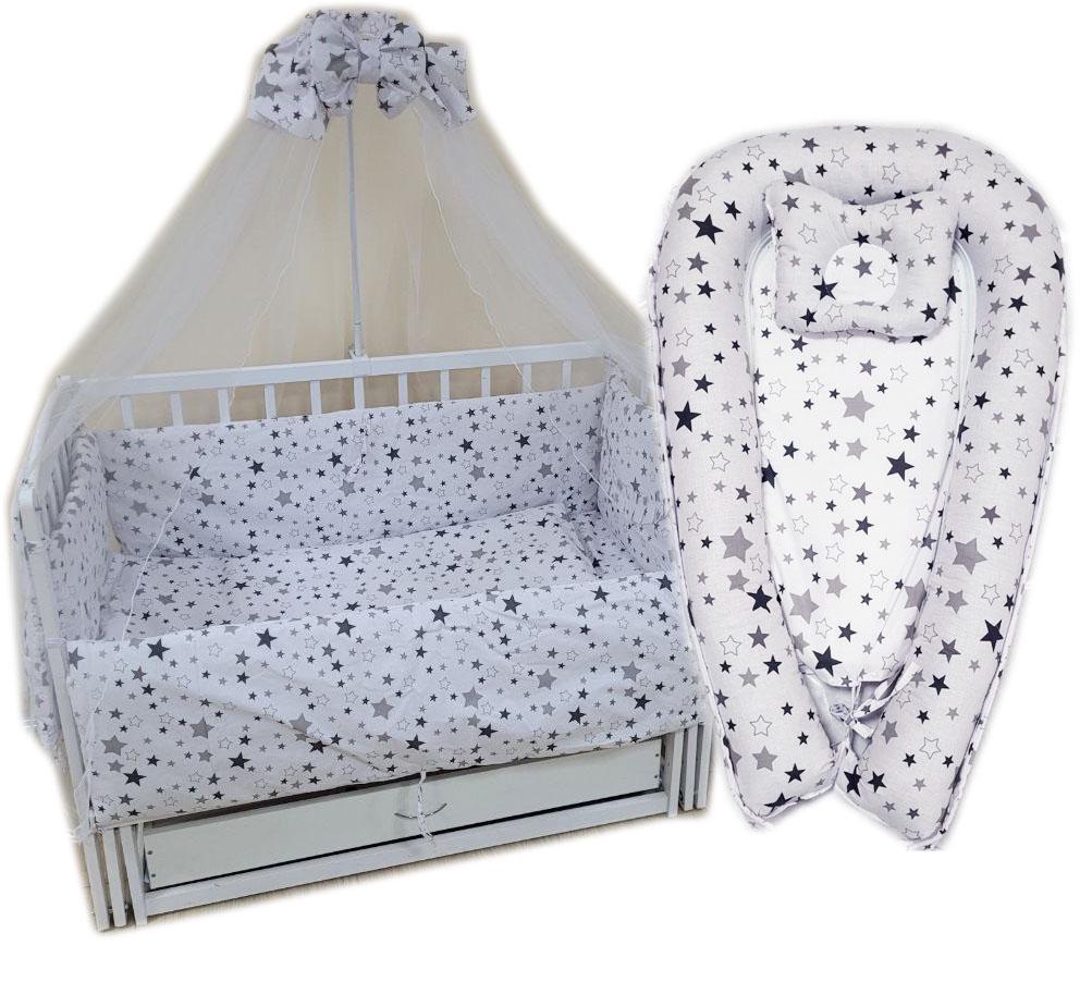 Постельный набор с коконом та ортопедичною подушкою Белый с серыми звездами 11 эл. Постельный набор с коконом та ортопедичною подушкою Белый с серыми звездами 11 эл.