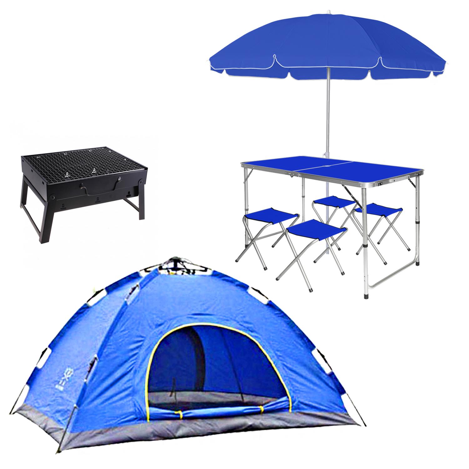 Комплект туристичний розкладний стіл зі стільцями у валізі/парасолька/намет/мангал Синій (4f860034)