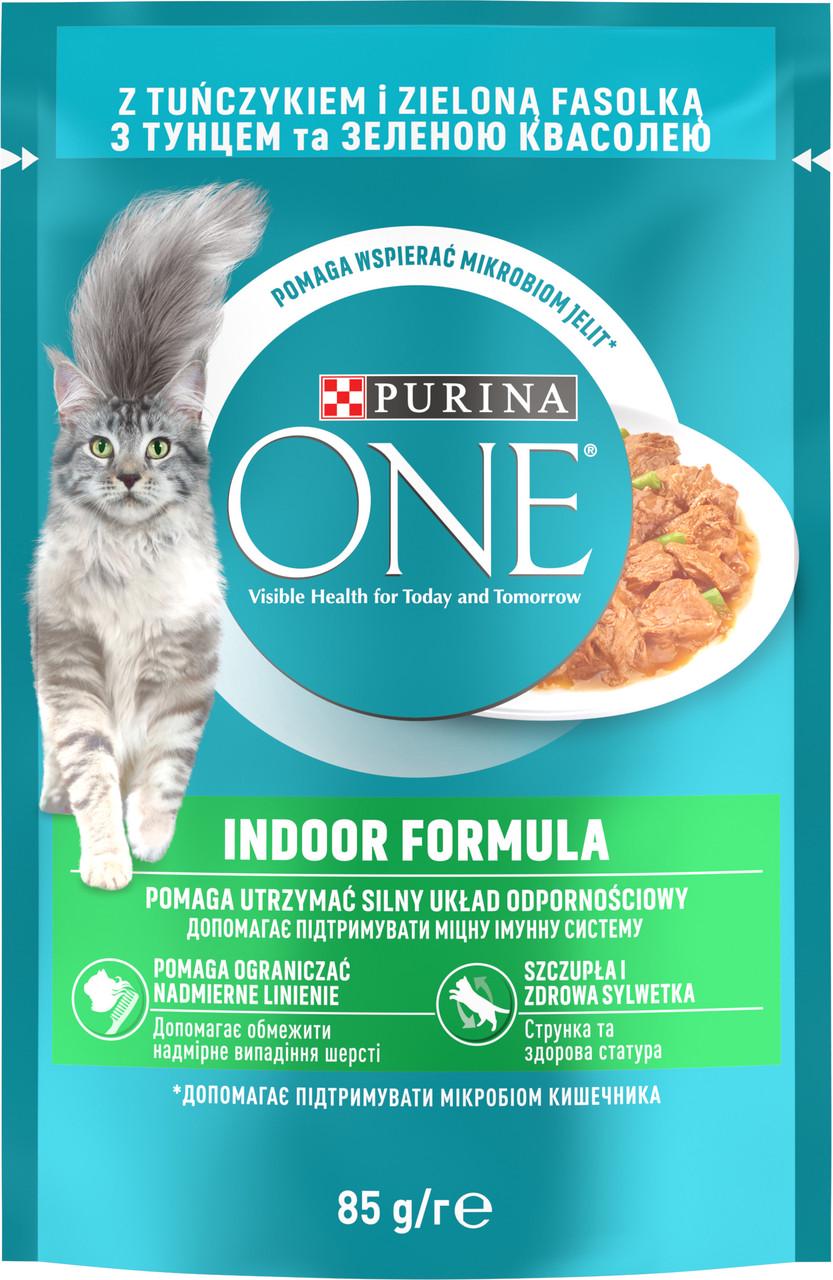 Вологий корм Purina One Indoor для котів шматочки в соусі з тунцем 85 г (7613038255903)