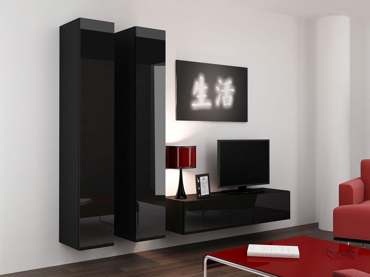 Стенка в гостиную комплект Сama Vigo 9 из ламинированной ДСП Черный матовый/Черный глянец (21493) - фото 3