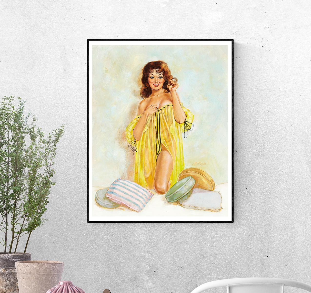 Постер Рыжая в желтой сорочке с подушками C. BIGGS формат А-1 (pin_up010242_Poster)