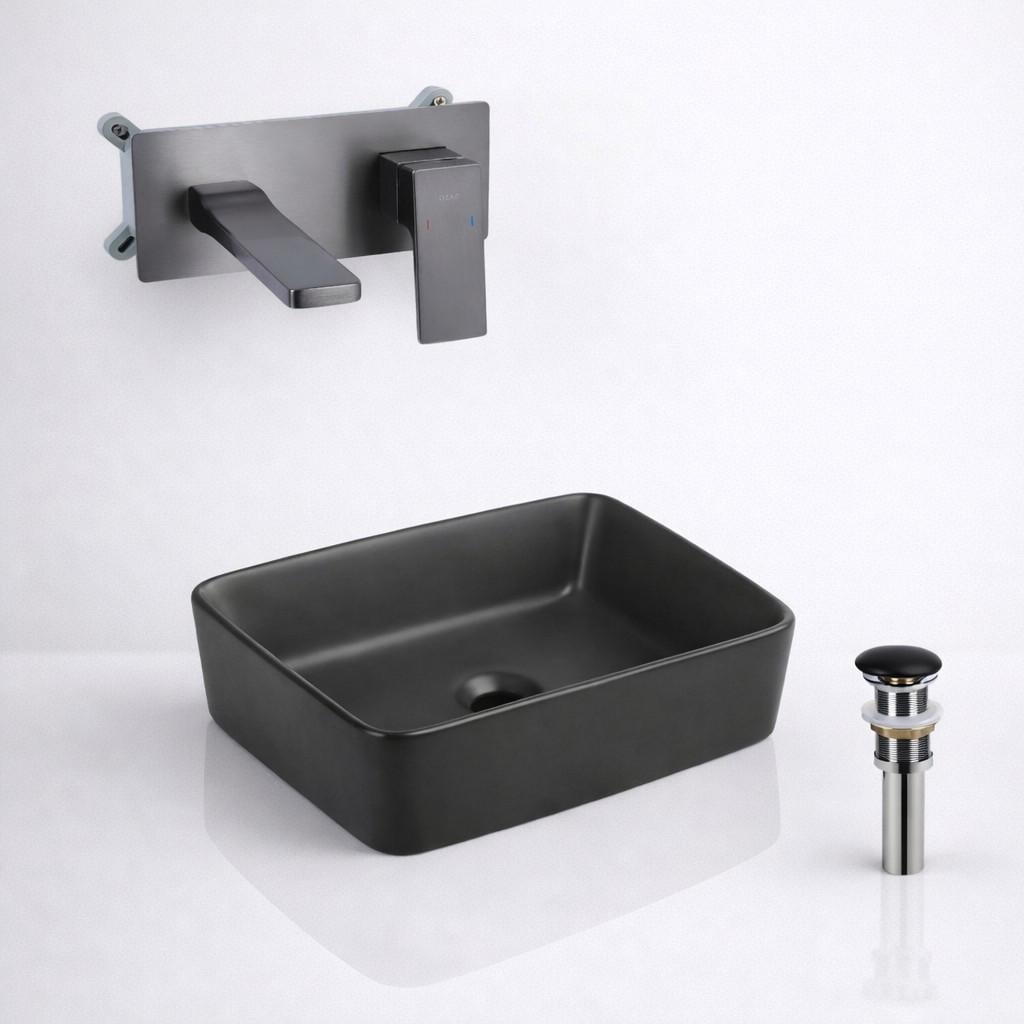 Готовый комплект Qtap для ванной раковина Tern Anthracite 480х370 мм и смеситель скрытого монтажа Gemini Black PVD и донный клапан