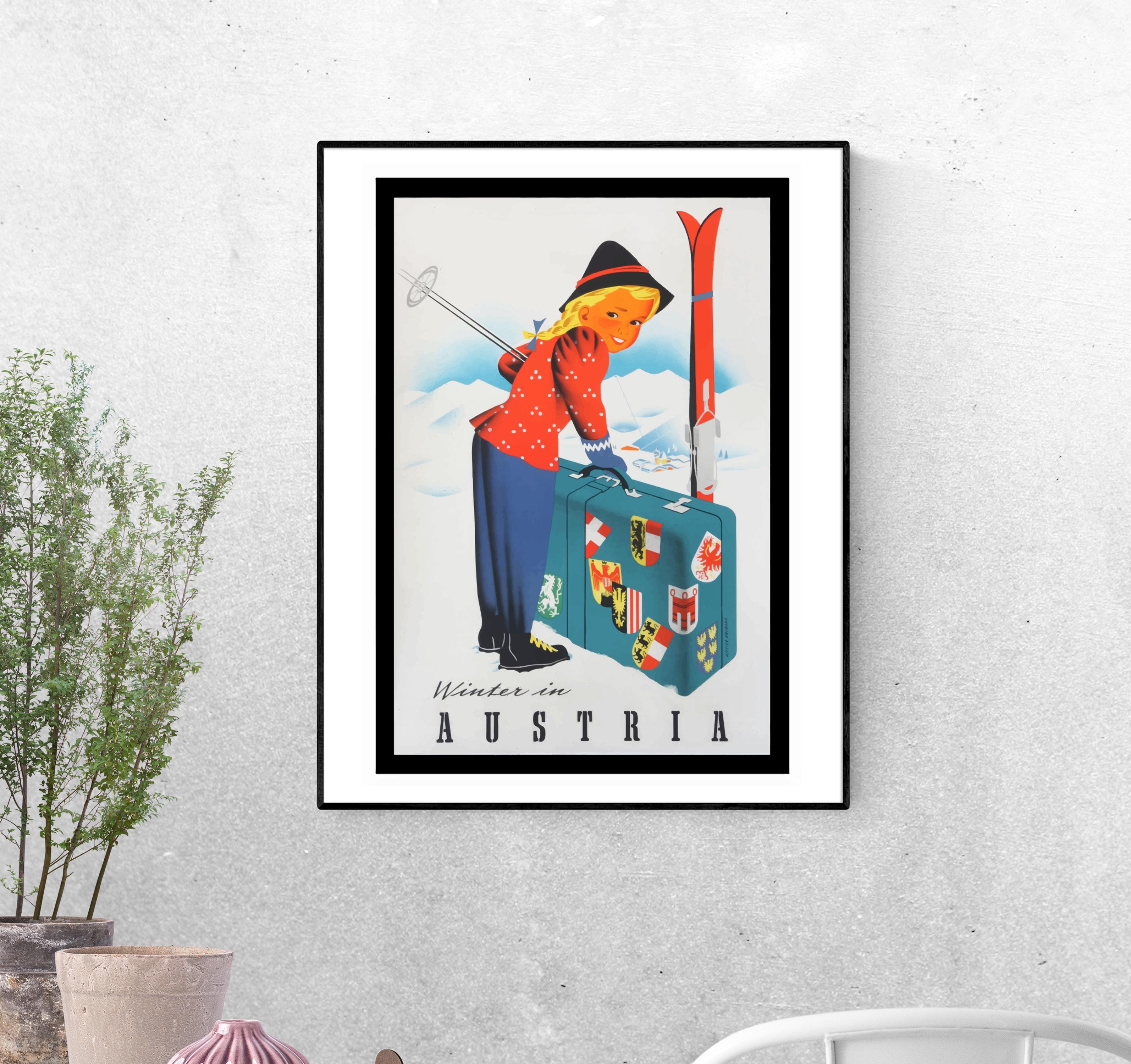 Тревел-постер Ребенок с чемоданом и лыжами формат А-0