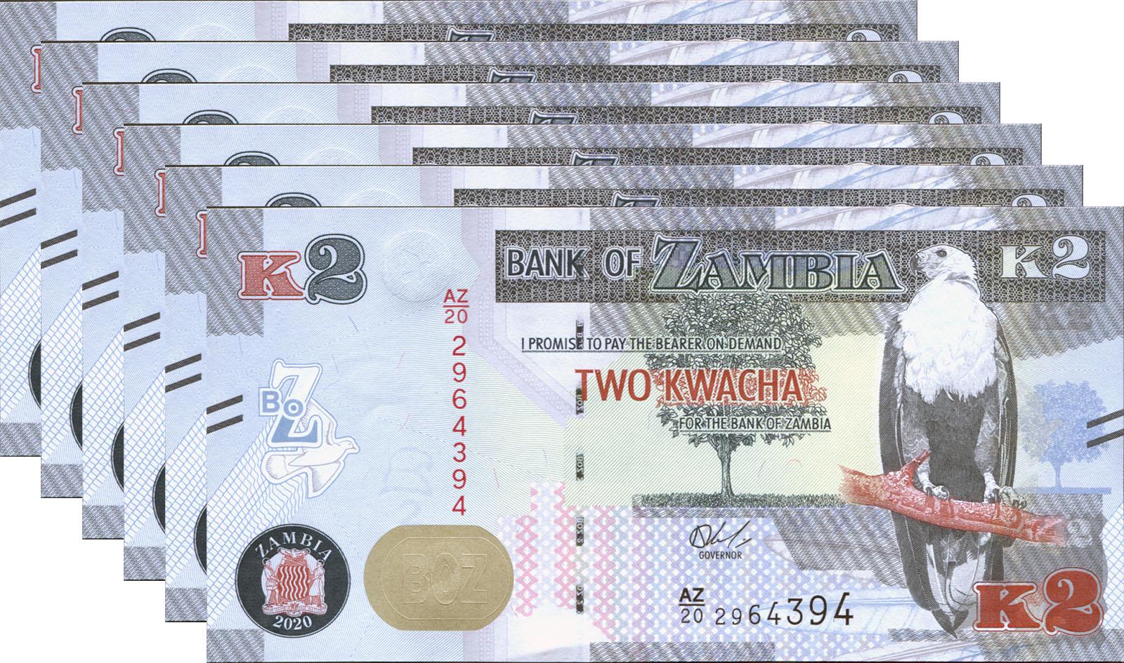 Коллекционная банкнота Замбия 2020 2 квачи 6 шт. UNC