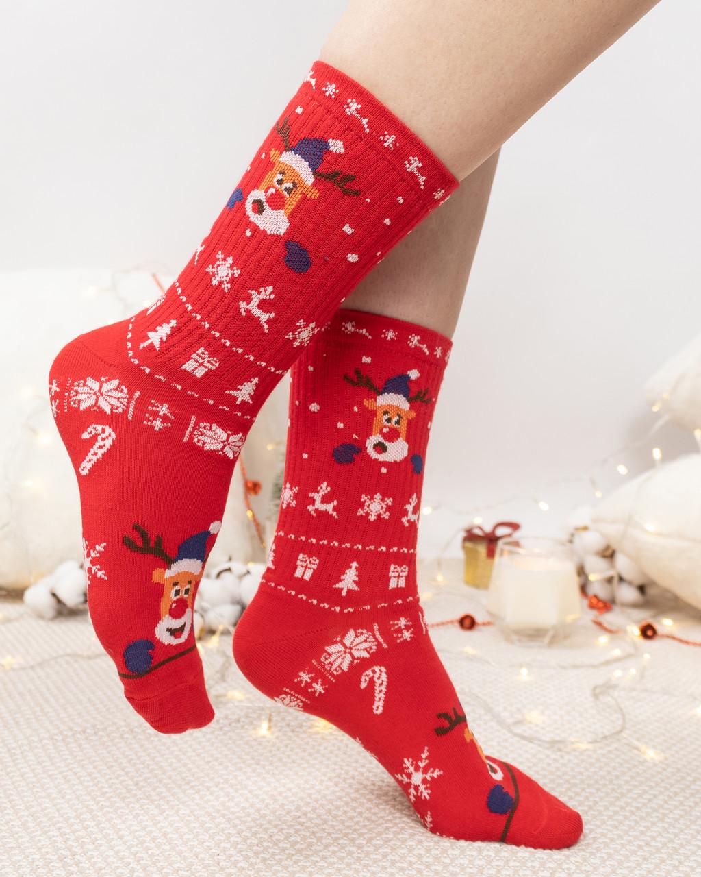 Шкарпетки новорічні з високоякісної бавовни з принтом Олень Deer р. 41-45 Червоний