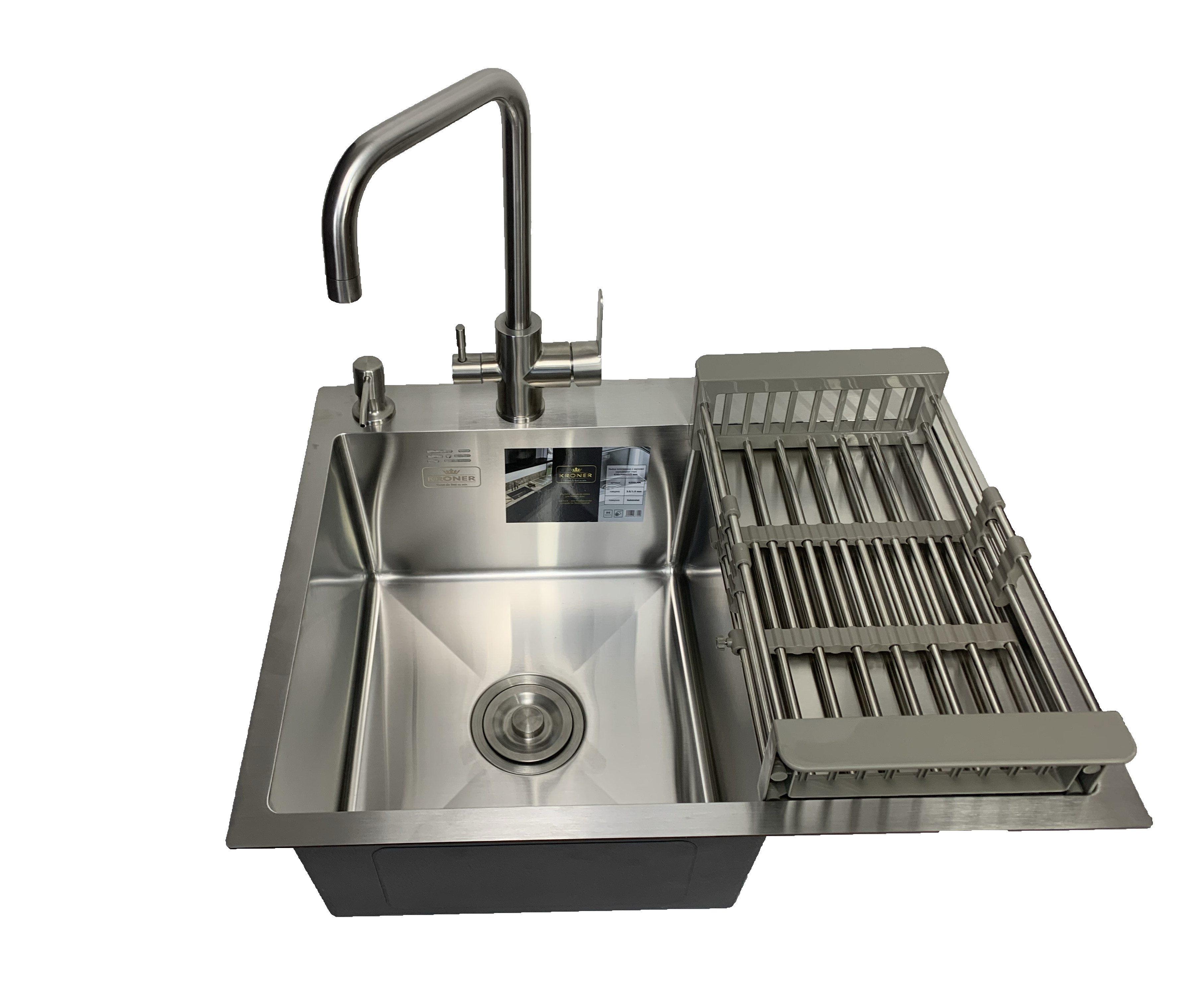 Мойка кухонная Kroner 63x50 см чаша слева в черном PVD + дозатор/смеситель/корзина