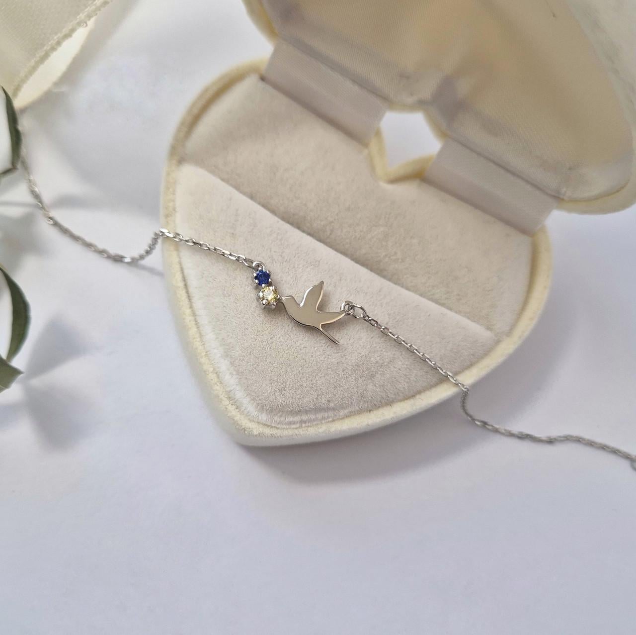 Серебряный браслет на руку Птичка с камнями серебро 925 пробы родованное 1,29г Желтый/Голубой (вс335р)