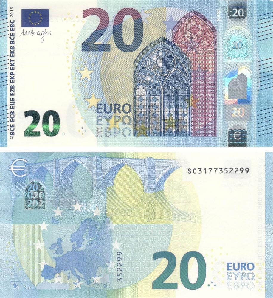 Колекційна банкнота Ірландія Італія 20 ЄВРО 2015 SС S012 Драги UNC (Б09381)