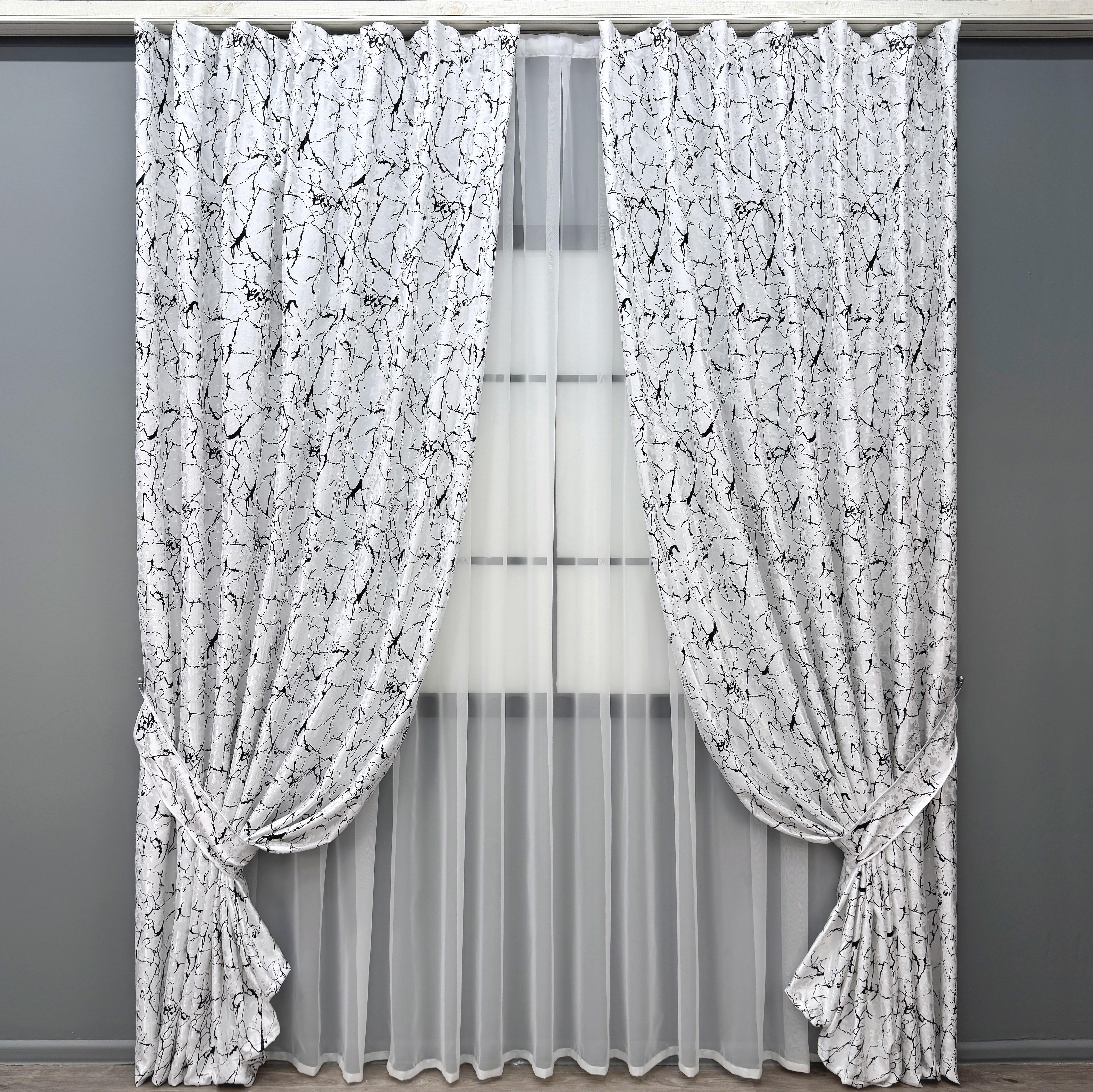 Комплект штор VR-Textil льон мармур Royal Touch № 2000ш 150х270 см 2 шт. Білий з чорним (33-0968)