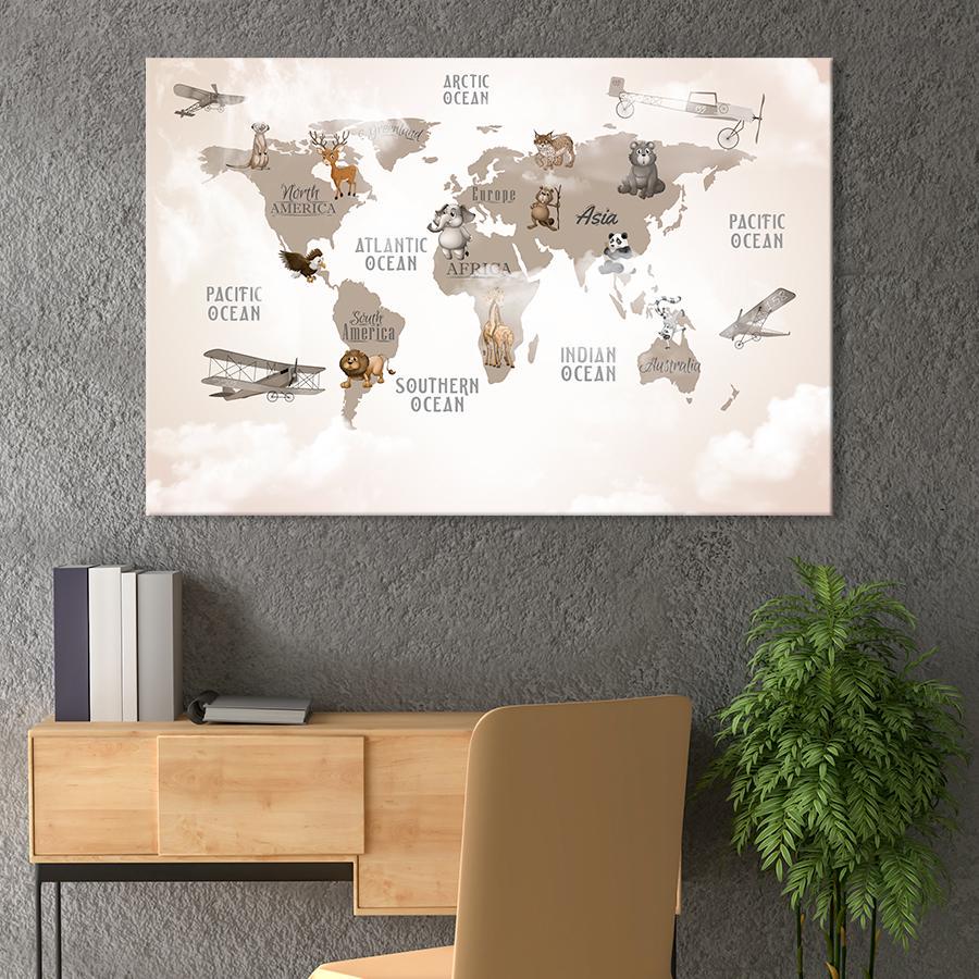 Картина на холсте Карта мира детская со зверушками 80x54 см (V529-1_L) Картина на холсте Карта мира детская со зверушками 80x54 см (V529-1_L)
