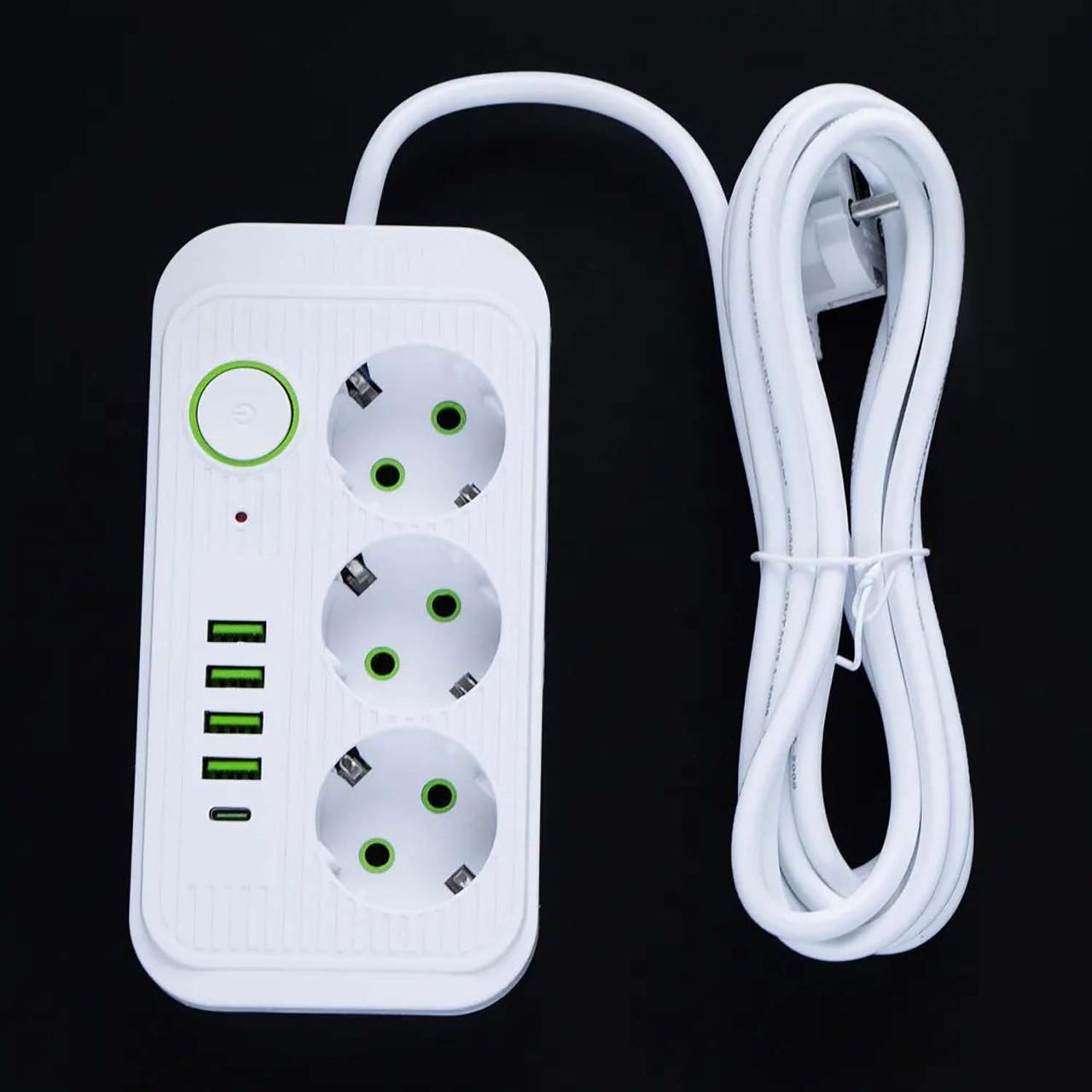 Удлинитель 2500 Вт 3 розетки 4 USB/Type C с кабелем 2 м Белый (F09U) - фото 11
