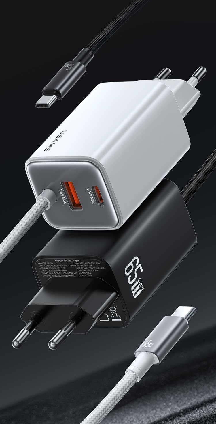 Зарядний пристрій мережевий Usams GaN 65W ACC 3-port Fast Charger With Type-C Cable White (CC266) - фото 2 Зарядний пристрій мережевий Usams GaN 65W ACC 3-port Fast Charger With Type-C Cable White (CC266) - фото 2