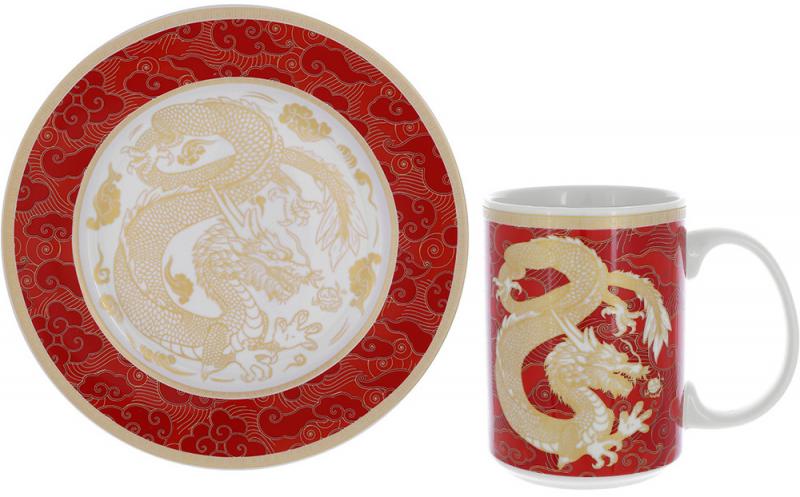 Набор чайный фарфоровый Дракон золотой на красной кружке 500 мл/тарелка Ø20 см (BD-K019)