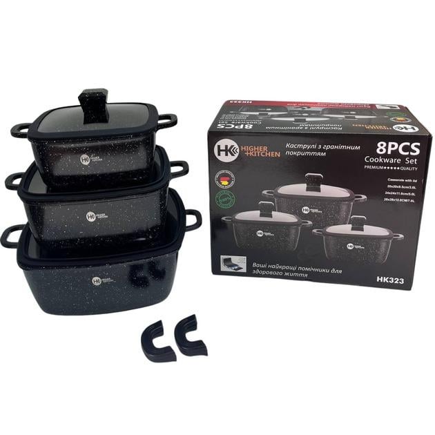 Набір каструль з кришками Higher Kitchen HK 325 із гранітним антипригарним покриттям 8 предметів 20/24/28 см Чорний (323ERDАА) - фото 5 Набір каструль з кришками Higher Kitchen HK 325 із гранітним антипригарним покриттям 8 предметів 20/24/28 см Чорний (323ERDАА) - фото 5