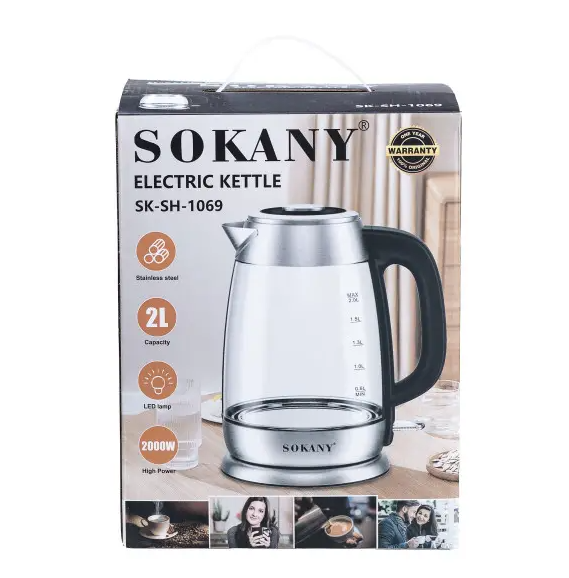 Електрочайник скляний Sokany SK-SH-1069 дисковий з підсвічуванням 2 л 2000 Вт - фото 4 Електрочайник скляний Sokany SK-SH-1069 дисковий з підсвічуванням 2 л 2000 Вт - фото 4